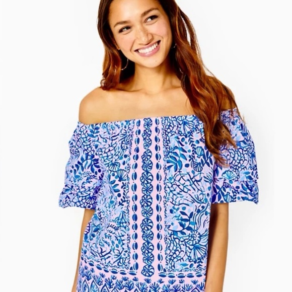 Lilly Pulitzer Frankie Floral Off-Shoulder Blue and Pink Top - Size L - Picture 1 of 3